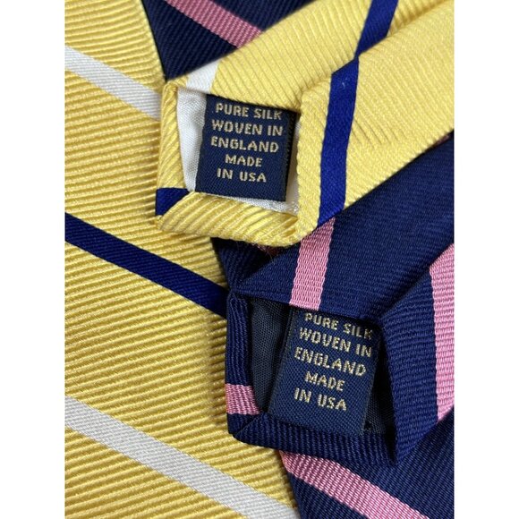 2 Brooks Brother Makers Men’s Silk Ties Stripe Yellow Navy Pink USA Made - Picture 3 of 6